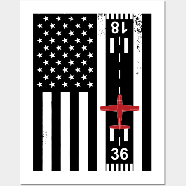 Patriotic Aviation, US flag with airplane and airport Wall Art by zehrdesigns